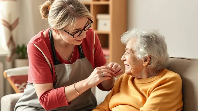 A support worker helping an older woman at home