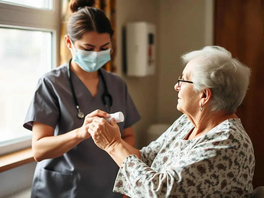 A nurse holding an older woman’s hands and talking with her